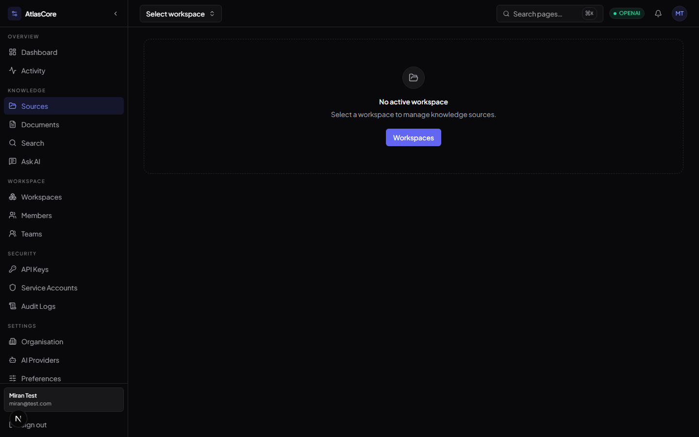 AtlasCore knowledge sources and documents scoped to a workspace